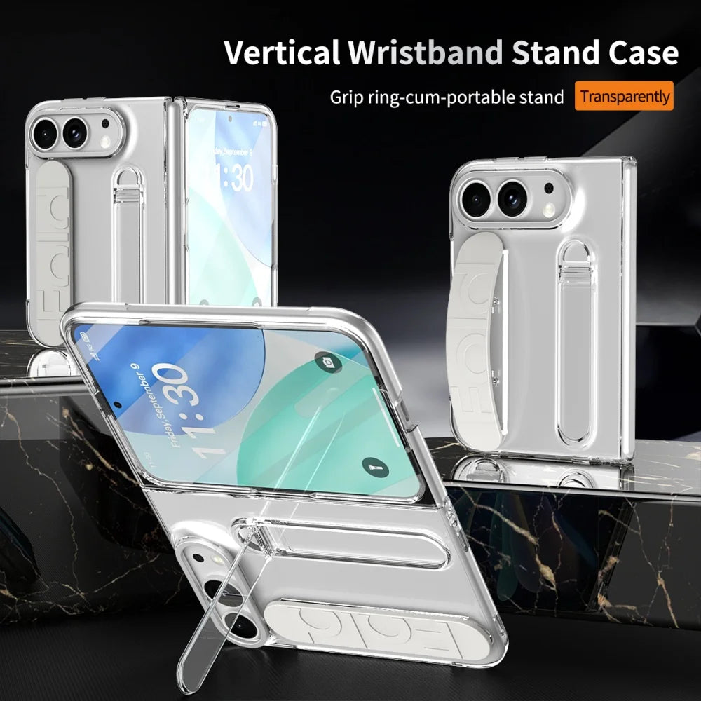 For iPhone Duo Cases Luxury Wrist Strap Bracket Stand Holder Case for iPhone Duo 18 Fold Solid Color Built-in Front Film Cover