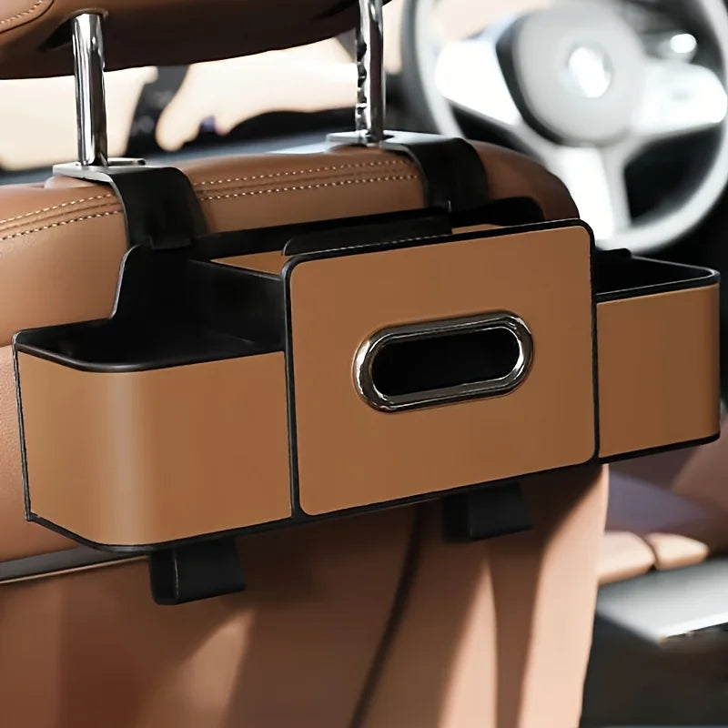 Car Seat Backrest Storage Box with Tissue Box and Adjustable Hook, Convenient for Placing Snacks and Drinks, Easy to Install