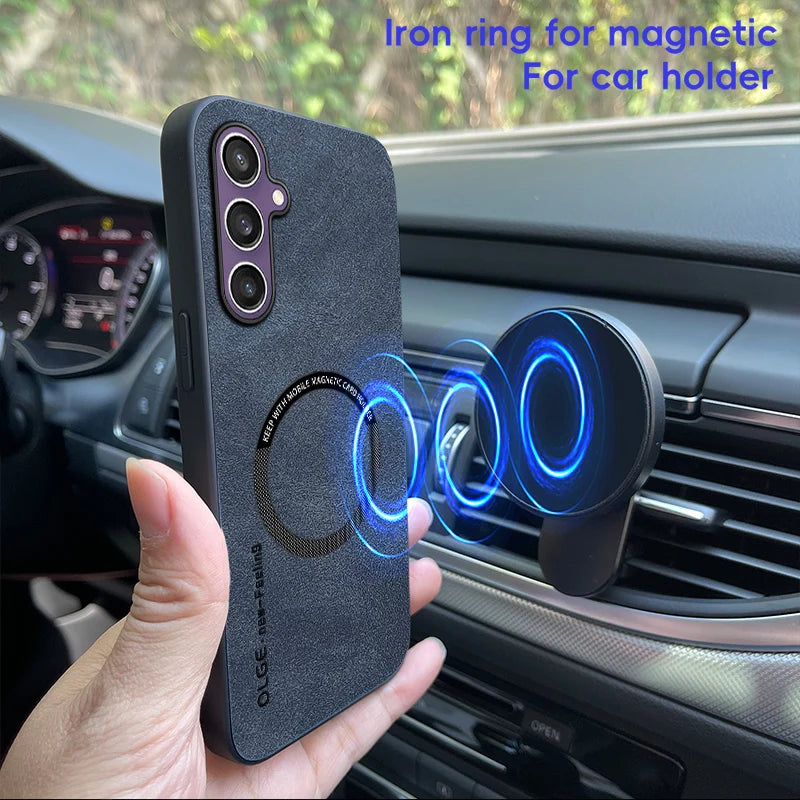 Luxury Leather For Magsafe Magnetic Wireless Charging Phone Case For Samsung Galaxy S26 S25 S24 S23 S22 Ultra Plus Back Cover