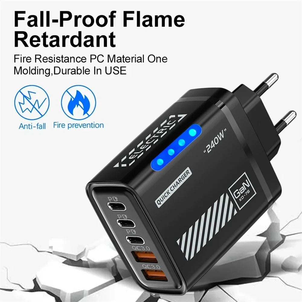 240W GaN USB C Charger 5 in 1 Fast Charging Phone Charger Power Adapter For iPhone Samsung Xiaomi Type C EU/US Plug Wall Charger