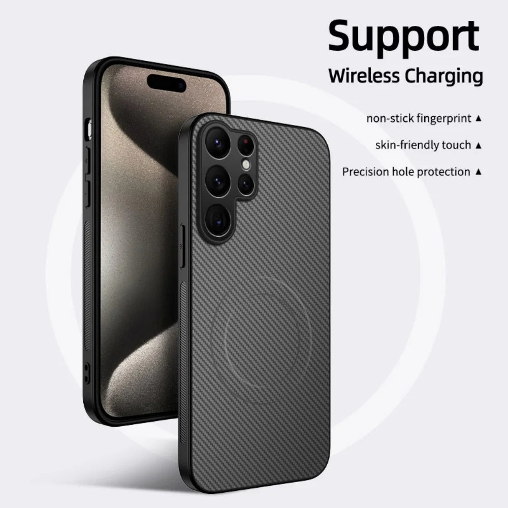 Luxury Matte Carbon Fiber Magnetic For Magsafe Armor Phone Case Samsung S26 Ultra S25 S24 FE S23 S22 Plus S21 S20 FE A56 A36 A26