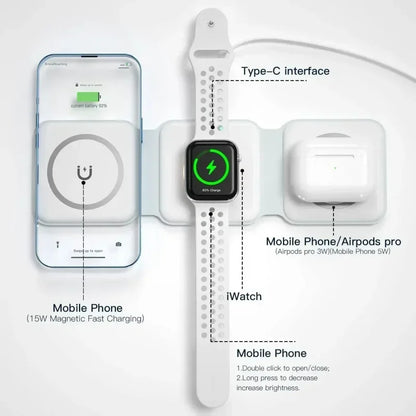 3 in 1 Magnetic Wireless Charger Fast Charging Dock Station Portable Foldable Stand Trip Charger For iPhone Apple Watch AirPods