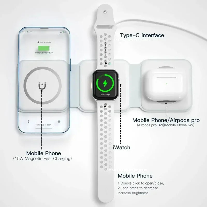 3 in 1 Magnetic Wireless Charger Fast Charging Dock Station Portable Foldable Stand Trip Charger For iPhone Apple Watch AirPods