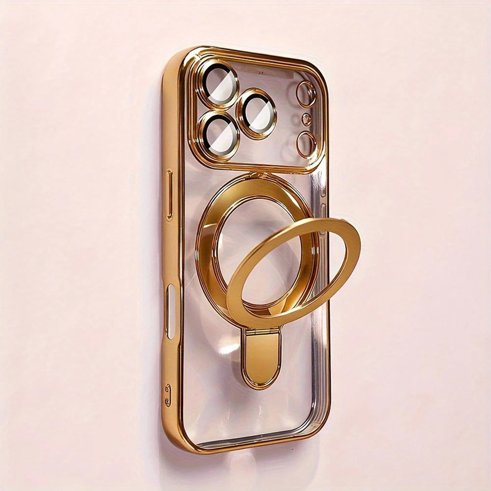 Luxury Plating Magnetic Bracket Phone Case For iPhone 17 16 15 14 13 Pro Max 17Pro Cases For Magsafe Stand Holder Clear Cover