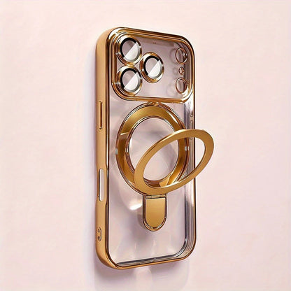 Luxury Plating Magnetic Bracket Phone Case For iPhone 17 16 15 14 13 Pro Max 17Pro Cases For Magsafe Stand Holder Clear Cover