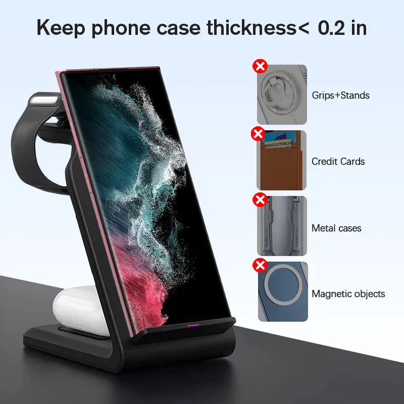 VIKEFON  3 in 1 Wireless Charger Stand for iPhone 16 15 14 13 12 Samsung Galaxy Apple Watch Airpods Pro Fast Charging Station