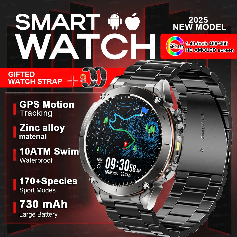 Outdoors TANK New GPS SmartWatch Man Dual-Band GNSS Military 10ATM Waterproof LED Flashlight Compass Altimeter NFC HD Call Watch
