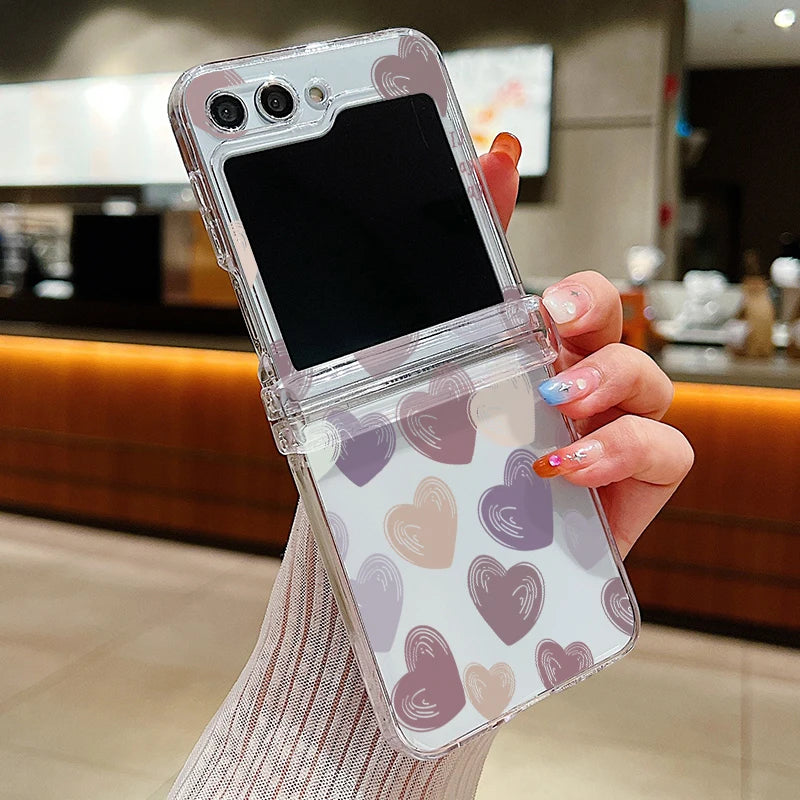 Transparent Love Flower Phone Case For Samsung Galaxy Z Flip8 Flip7 FE Flip 8 7 6 5 4 3 5G Flip5 Flip6 Shockproof Hard PC Cover