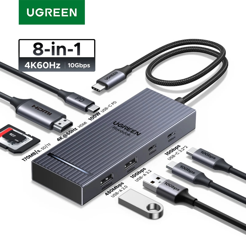 UGREEN USB HUB 8-in-1 Type-C to 4K60Hz HDMI USB-A&C 3.2 Gen 2 10Gbps PD100W SD/TF for MacBook Pro/Air iPad Pro XPS Thinkpad Dock