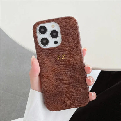 Personalise Gold Initials Letters Leather Cases For iPhone 17 Pro Max 16 Pro 15 14 13 Pro Max Luxury Lizard PU Hard Cover