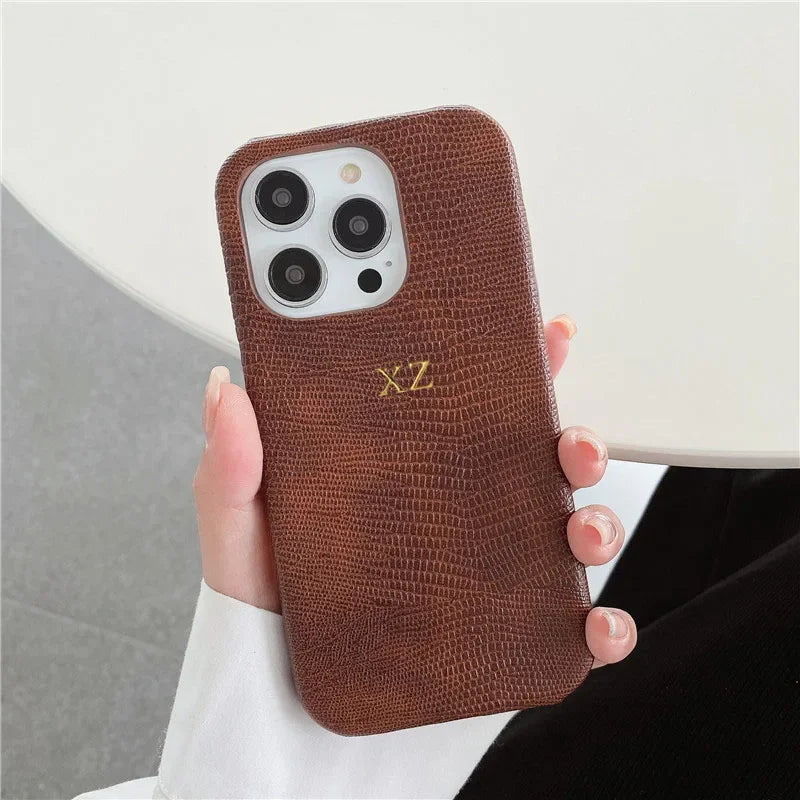 Personalise Gold Initials Letters Leather Cases For iPhone 17 Pro Max 16 Pro 15 14 13 Pro Max Luxury Lizard PU Hard Cover