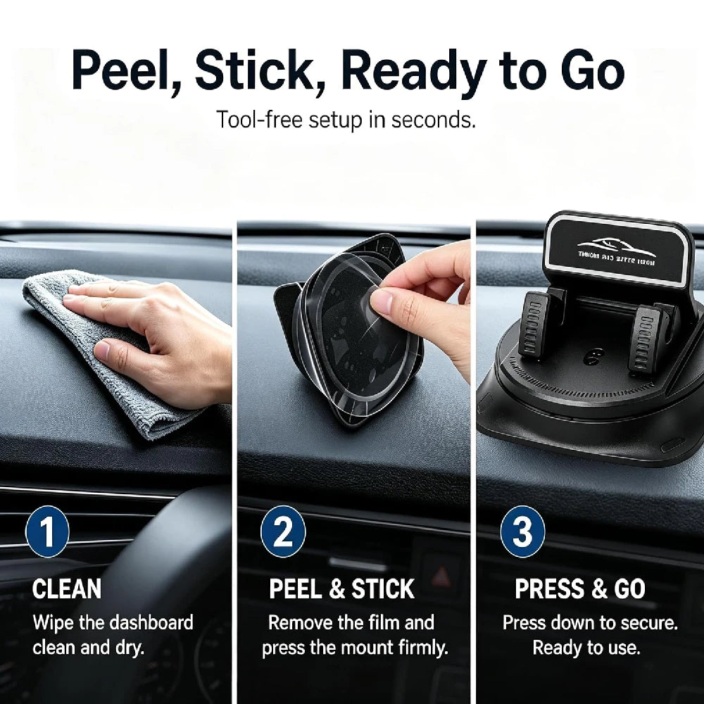 One-Hand Operated Dash Phone Clip, Shockproof 360° Rotatable Holder for Car, Perfect Angle Adjustable for Landscape & Portrait