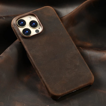 for Magsafe Case for iPhone 15 16 17 Pro Max Air Retro Luxury Full Grain Cowhide Genuine Oiled PULL-UP Leather Magnetic Cover