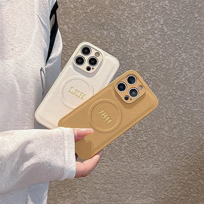 Personalized Case For iPhone11 12 13 14 15 16 17 18 Pro Max Customized Initials Name Wireless Charging For Magsafe Leather Cover
