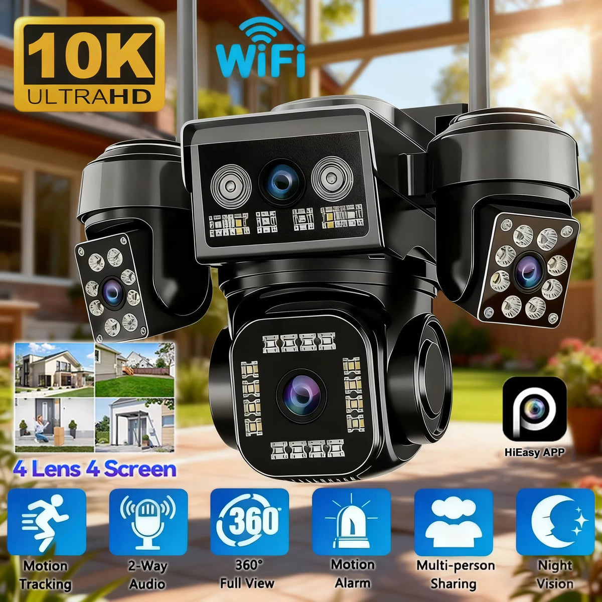 10K 20MP 4Lens Security Camera PTZ WiFi IP Camera with Auto Tracking Outdoor Waterproof CCTV Full Color Night Vision 2-Way Audio