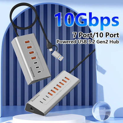 Blueendless Aluminium USB3.2 Gen2 10Gbps 7Ports 10 Ports USB-C Hub 7 in 1 10 in 1 USB-A Splitter Adapter for Laptop macbook