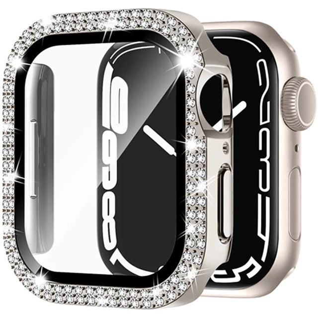 Glass+Cover For Apple Watch Case 45mm 44mm 41mm 40mm 46mm 42mm Bling Diamond bumper+Screen Protector series 12 11 10 9 8 7 6 SE