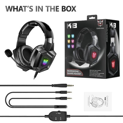 ONIKUMA K8 Wired Gaming Headset RGB Over Ear Headphones Flexible Microphone Surround Sound 3.5mm for PC PS4 Xbox Switch Gamer