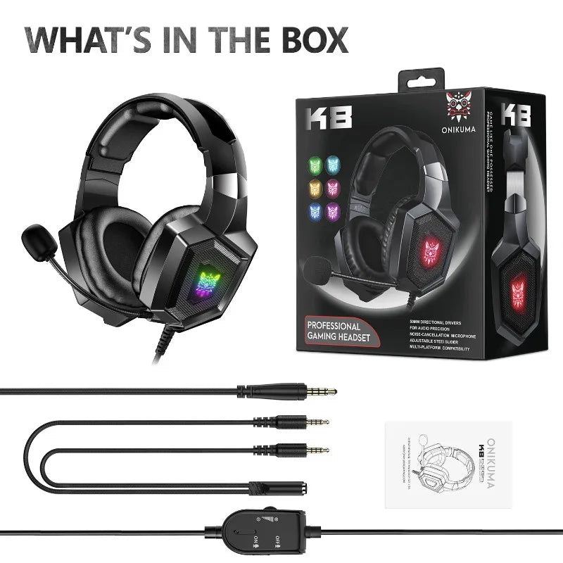 ONIKUMA K8 Wired Gaming Headset RGB Over Ear Headphones Flexible Microphone Surround Sound 3.5mm for PC PS4 Xbox Switch Gamer