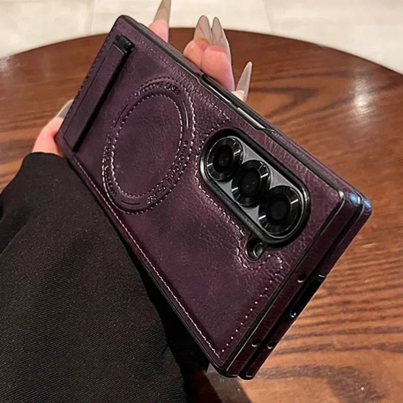 Retro Leather Hidden Tripod Phone Case For Samsung Galaxy Z Fold 7 6 5 4 3 Magnetic Wireless Charging Lens Fall Prevention Cover