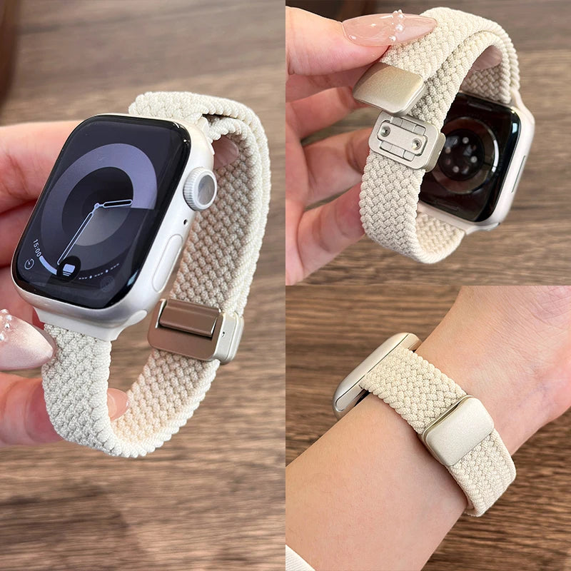 Braided Loop for Apple Watch 38 40 41 42 44 45 46 49mm for Woman Magnetic Nylon Elastic Replacement for Iwatch Series10 9 8 7 6