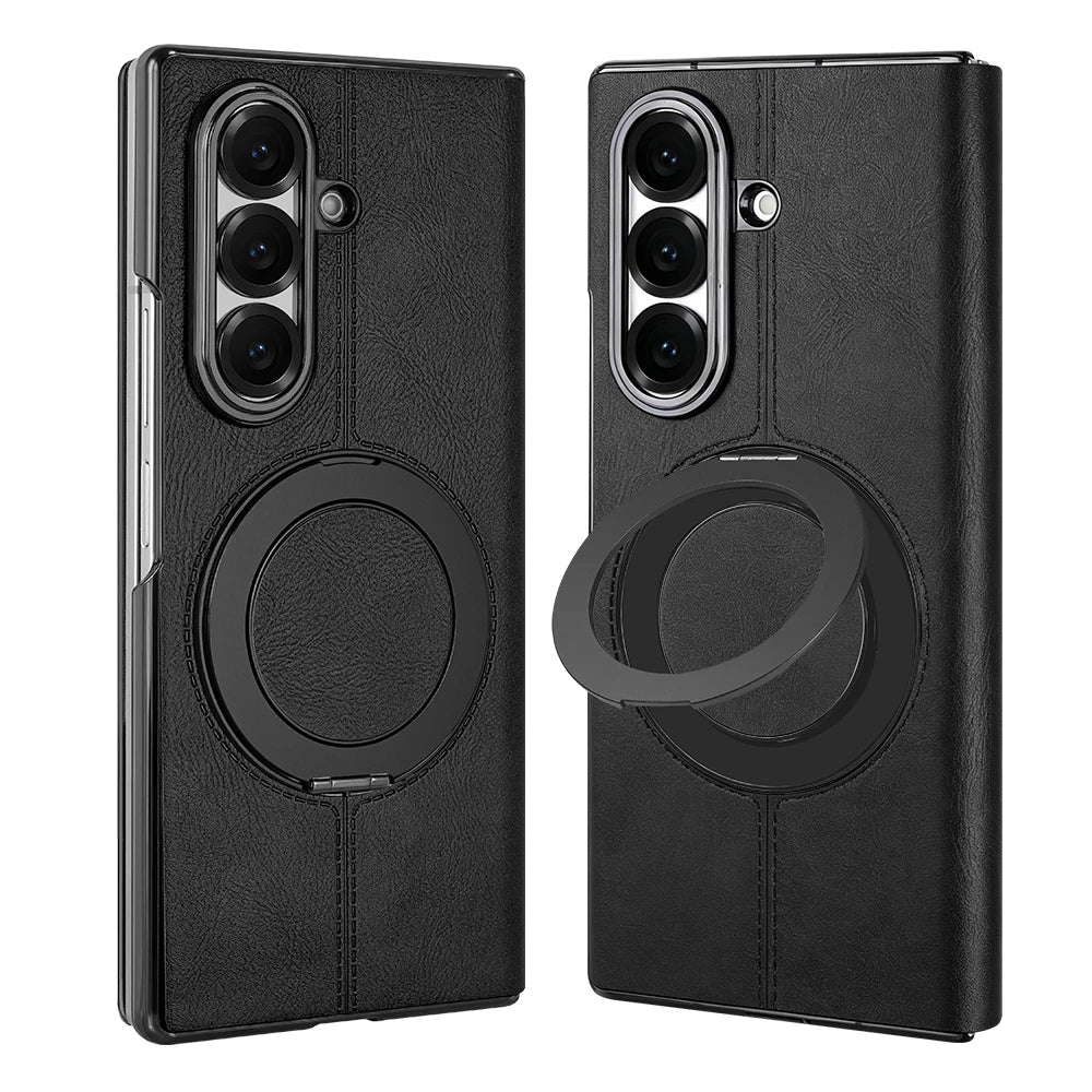 Magnetic Plain PU Leather Flip Phone Case With 360° Rotatable Ring Kickstand Holder for Samsung For Galaxy Z Fold 8 Ultra 7/6