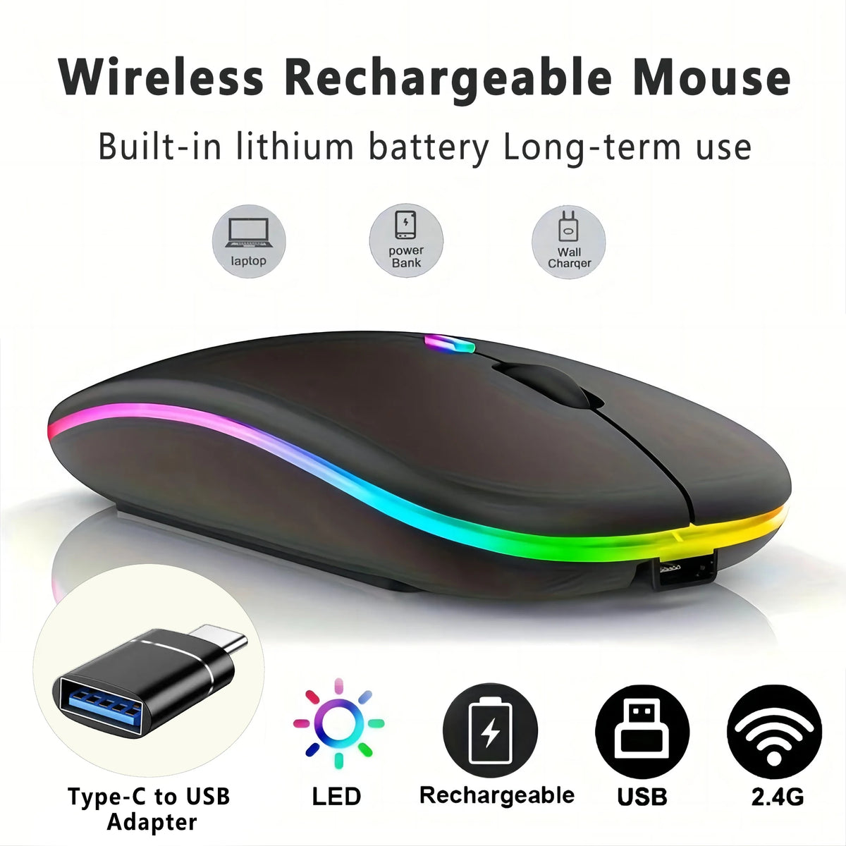 Wireless Rechargeable Mouse With LED Backlight  Bluetooth With Type-C Adapter Gaming Mouse Suitable For MAC/Laptop/PC/Windows