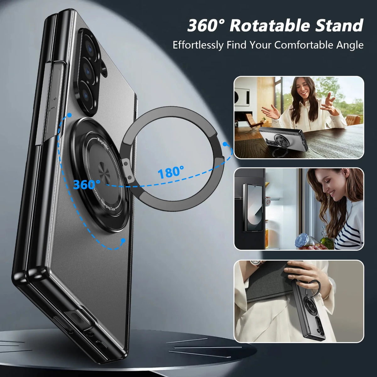 Aluminum Alloy Back Cover Phone Case for Samsung Galaxy Z Fold 8 Ultra 7/6/5/4 with 360° Rotating Ring Kickstand,Hinge Protector