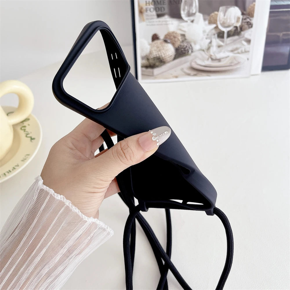 Crossbody Lanyard Cord Liquid Silicone Soft Phone Case for Apple IPhone 17 Air 16 15 14 Plus 13 Pro Max Matte Strap Candy Cover