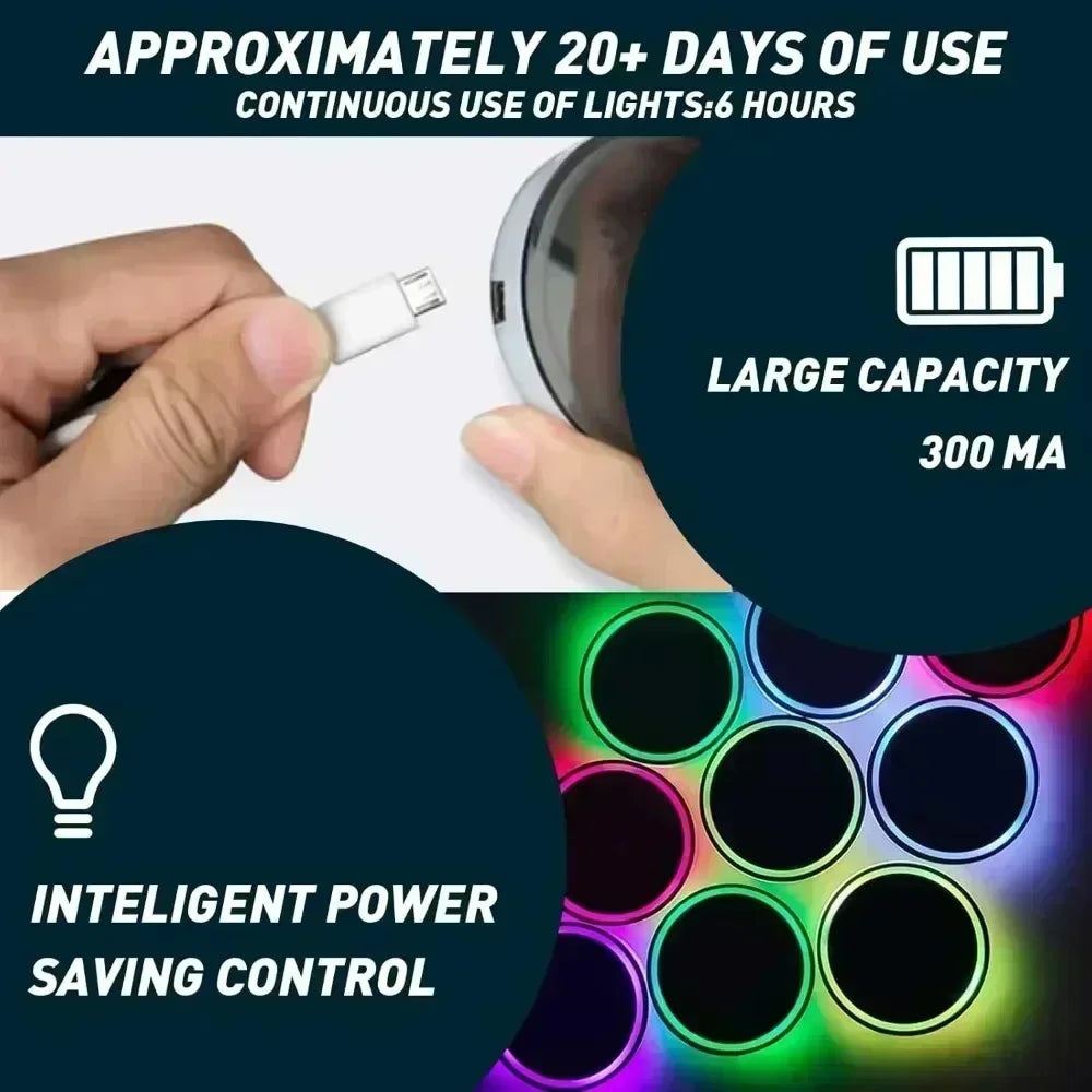 LED Car Cup Holder Coaster, 7 Colors RGB Light Up Pad with Vibration Sensor, USB Rechargeable Auto Ambient Light