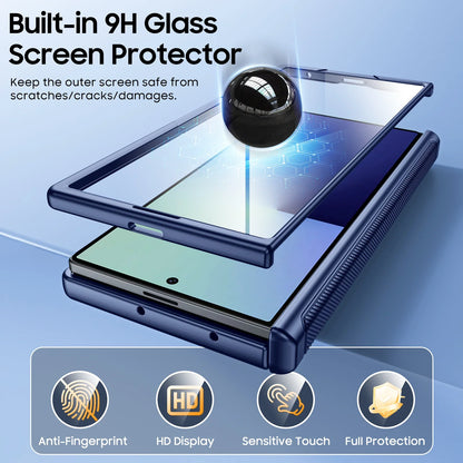 Magnetic Case for Samsung Galaxy Z Fold 7 with Hidden Kickstand, Built-in 9H Glass Screen Protector & Hinge Protection-Blue