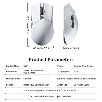Wireless Mouse Rechargeable 3 Mode BT 2.4G Wired Lightweight 61g Gaming Mouse 12800 DPI 1000Hz Polling Rate Mouse for PC Laptop Office Gaming