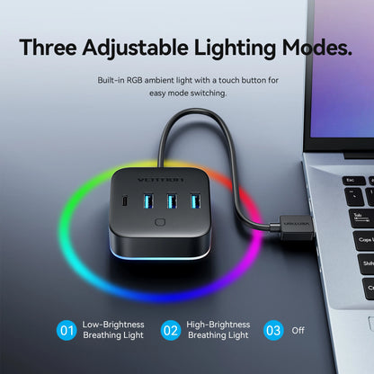 Vention USB A 3.0 HUB RGB Light Switch USB C 3.2 Gen1 5Gbps Desktop Hub Adapter for PC Laptop Accessories USB Splitter Extender