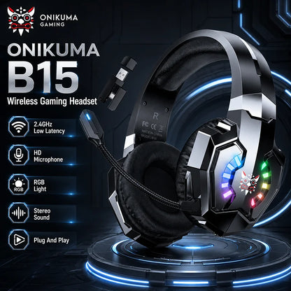 ONIKUMA B15 Gaming Headset Wireless 2.4GHz RGB Headphone With HD Microphone Stereo Sound Long Battery Life For PC Laptop Console