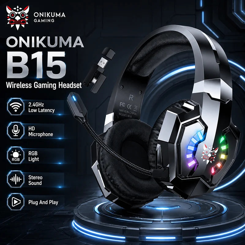ONIKUMA B15 Gaming Headset Wireless 2.4GHz RGB Headphone With HD Microphone Stereo Sound Long Battery Life For PC Laptop Console