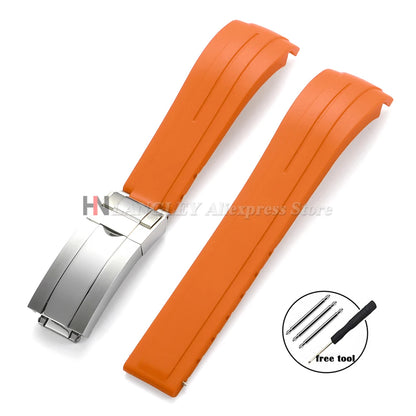 Curved Rubber Watch Bracelet 20mm 21mm 22mm for Rolex Green Water Ghost for Oysterflex Waterproof Silicone Folding Buckle Straps