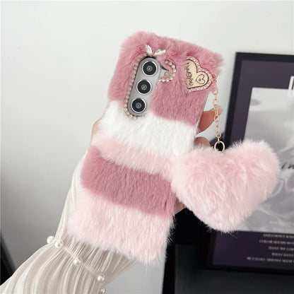 For Samsung Galaxy Z Fold 5 Case Korea Cute Fluffy Plush Love Pendant Phone Case For Galaxy Z Fold6 Cover Z Fold3 Z Fold2 Fold5