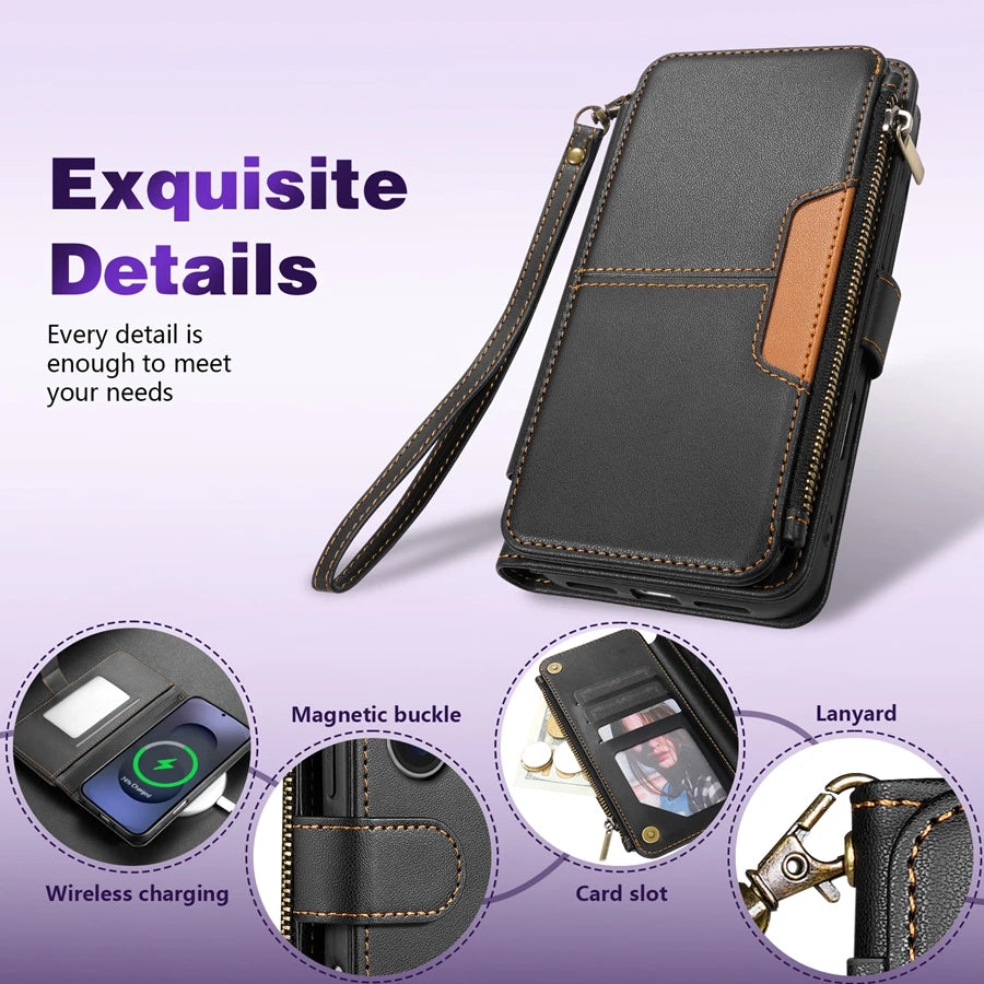 Wallet Multi-card Slot Zipper Kickstand Magnetic Flip Leather Case For Samsung Galaxy S26 Ultra S25 FE S24 Plus S23 S22 S21 S20