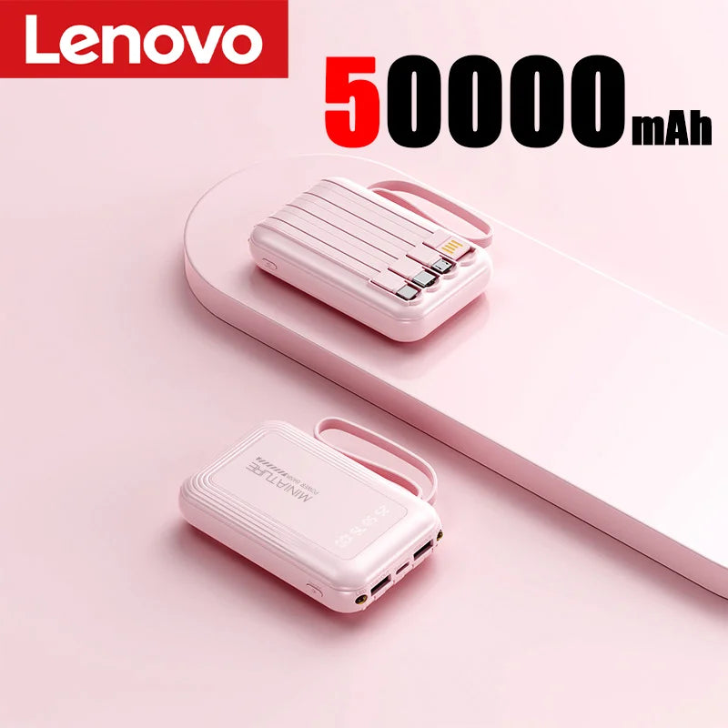 Lenovo Mini 500000mah Powerbank Super Fast Charging Led Digital Display 4 In 1 Built In Cables Power Bank For Iphone Samsung