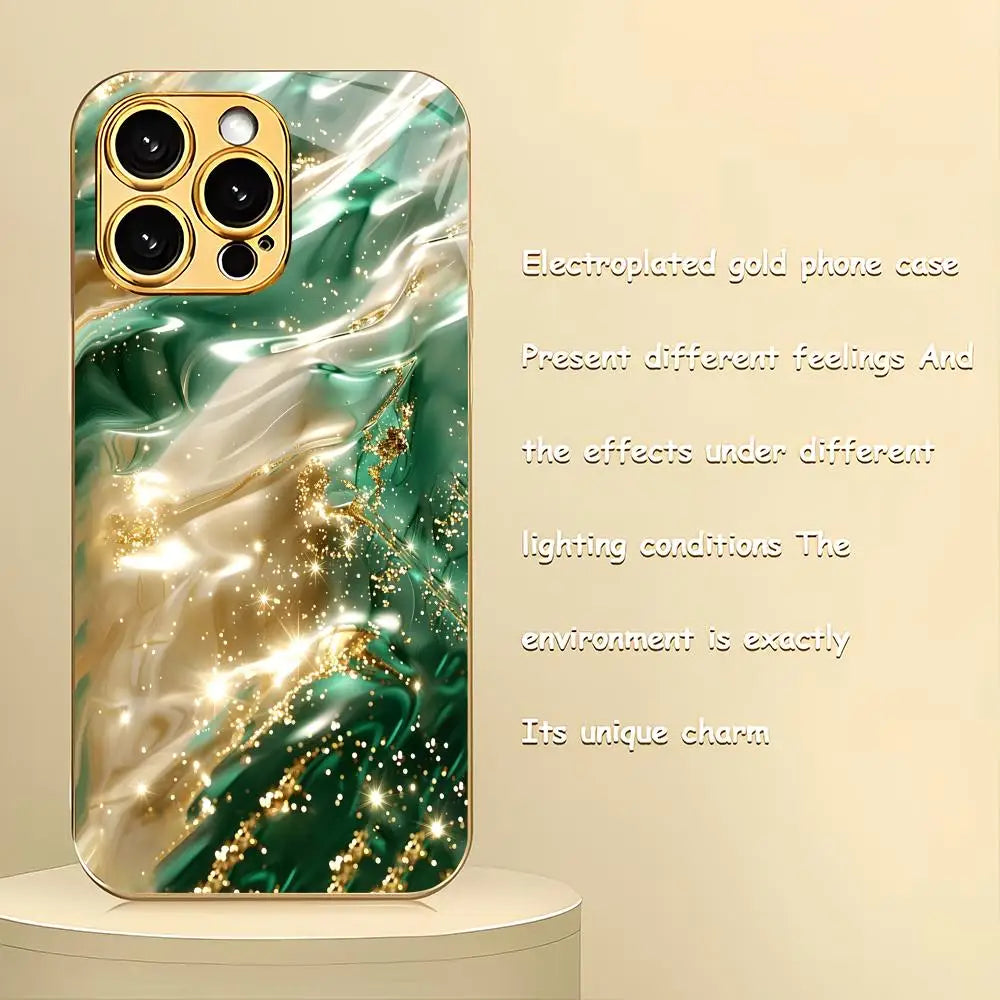 Gilded fluid marble glass phone case suitable for iPhone 17 16 15 14 13 12 11 Pro/Max/Plus anti drop and shockproof back cover