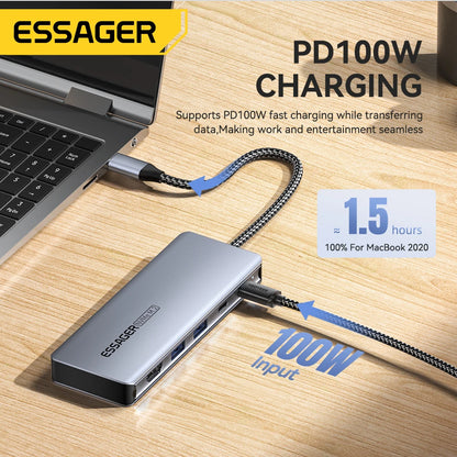 Essager USB C Hub With M.2 SSD Hard Disk Enclosure 6/7 in 1 PD100W USB3.2 10Gbps HDMI USB Type C Adapter for Macbook Pro Air PC