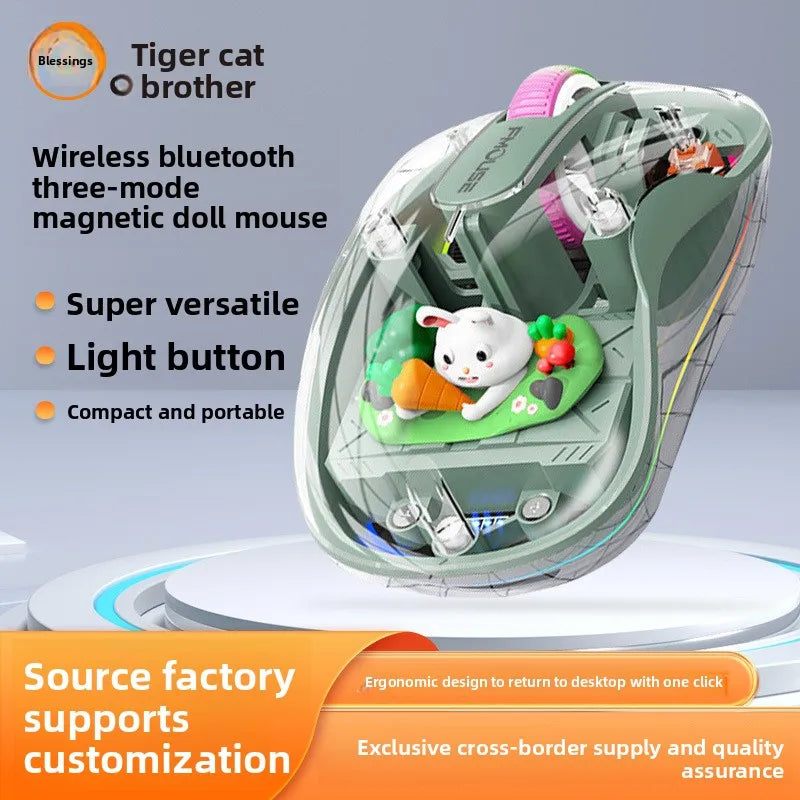Wireless Bluetooth Tri-Mode Transparent Gaming Mouse with RGB Light, Ergonomic Design, Rechargeable & Magnetic Doll Accessory