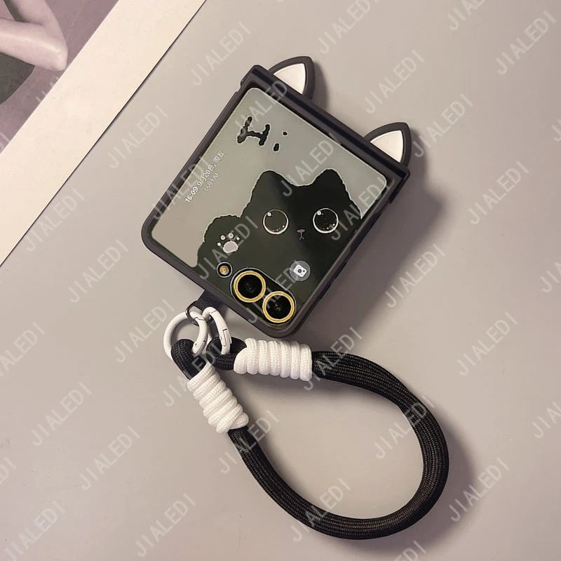 Cute Cat Ears Hinge Phone Case For Samsung Galaxy Z Flip 8 7 6 5 4 3 flip6 zflip7 ZFlip 8 Cover