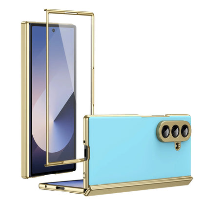 Leather Golden Border AG Matte Phone Case for Samsung Galaxy Z Fold 7 with Steel Film Hinge Protection Cover for Fold 7 6 5 4 3