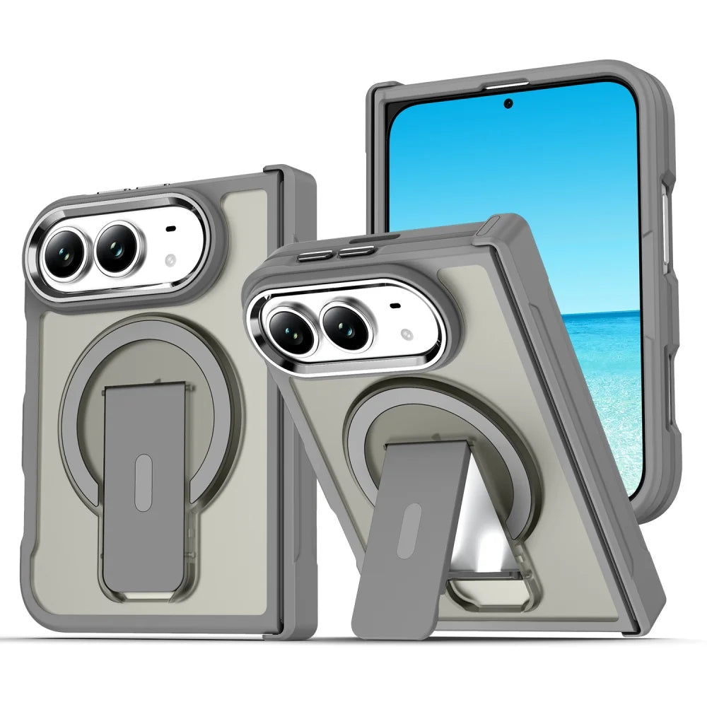 Matte Translucent For Magsafe Magnetic Phone Case For iPhone Duo Hinge Protection Stand Holder Shockproof Slim PC Back Cover