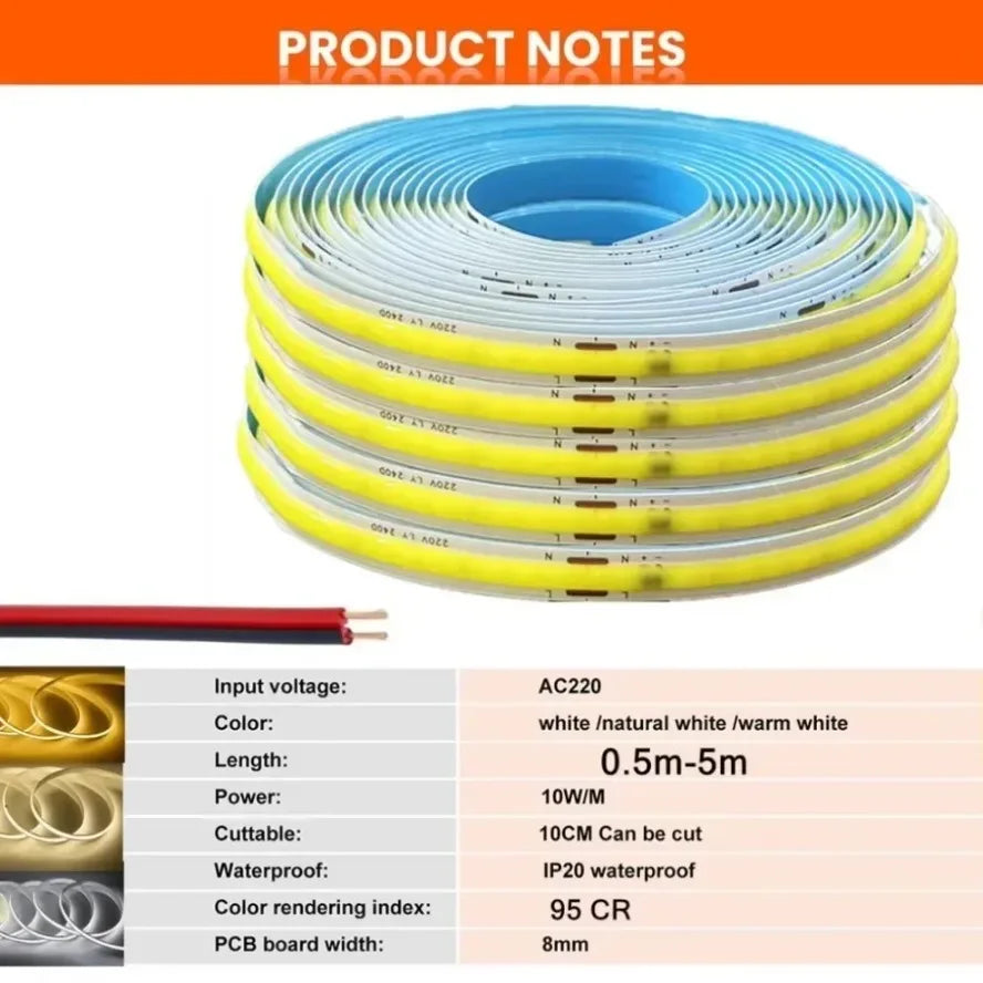 AC220V COB LED Strip Light Flexible Tape Lights Smart IC No Need Driver High Bright 240 LEDs Linear Lighting RA95 Warm White 5m