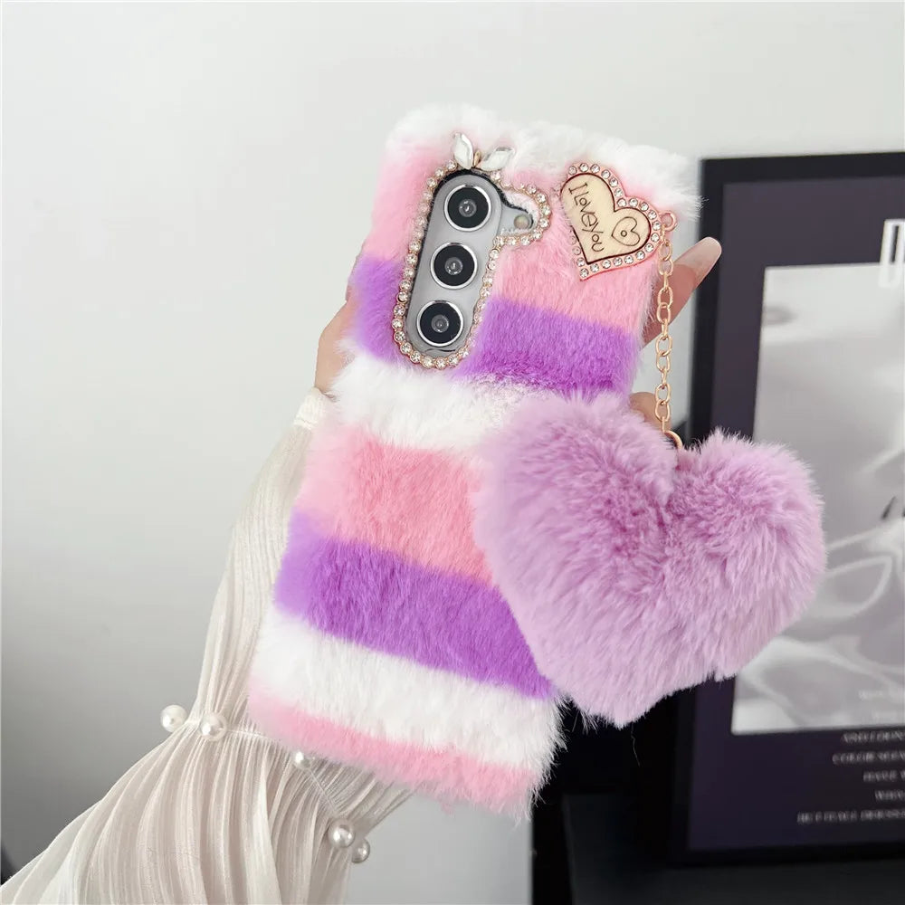 For Samsung Galaxy Z Fold 5 Case Korea Cute Fluffy Plush Love Pendant Phone Case For Galaxy Z Fold6 Cover Z Fold3 Z Fold2 Fold5