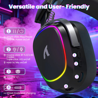 Attack Shark G800 2.4G Wireless Gaming Headset,Bluetooth 5.3,7.1 Surround Sound, Detachable Mic,1000mAh,RGB Headphones for PC/PS