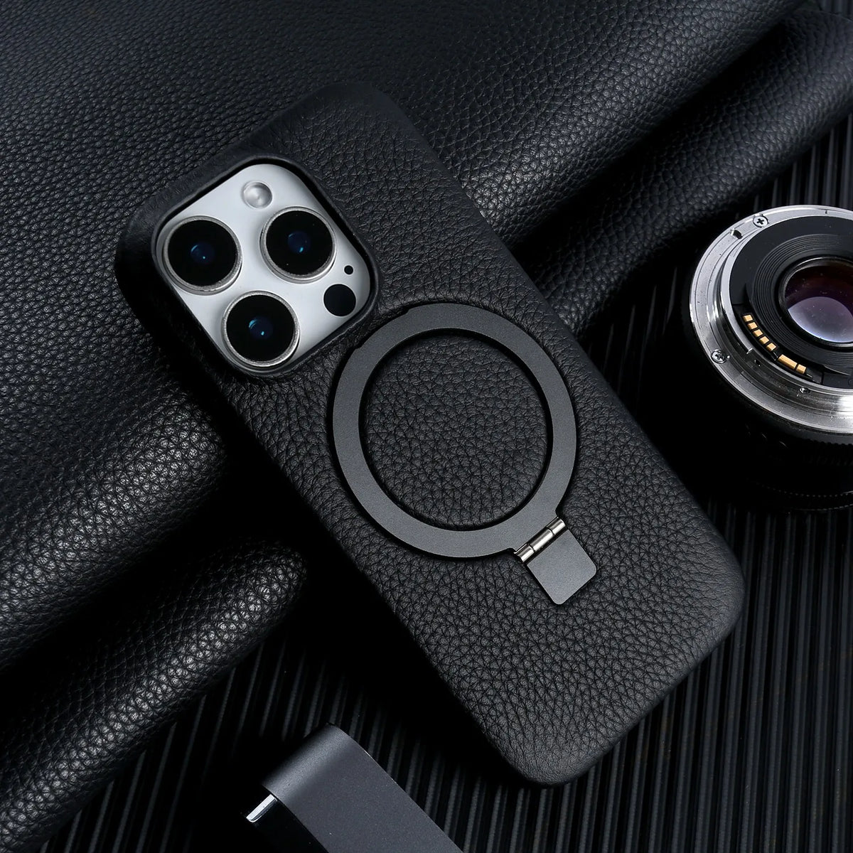Magnet Ring Stand Phone Case For iPhone 16 Pro Max 16e 15 13 14 12 11pro Cover Genuine Leather Case Magnetic Back Cover Cases