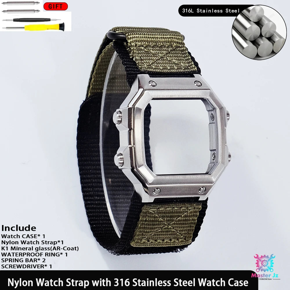 Nylon Strap For Casio AE1200 Square Watch 18mm Quick Release Breathable Sport Band With 316 Stainless Steel Case Waterproof Ring
